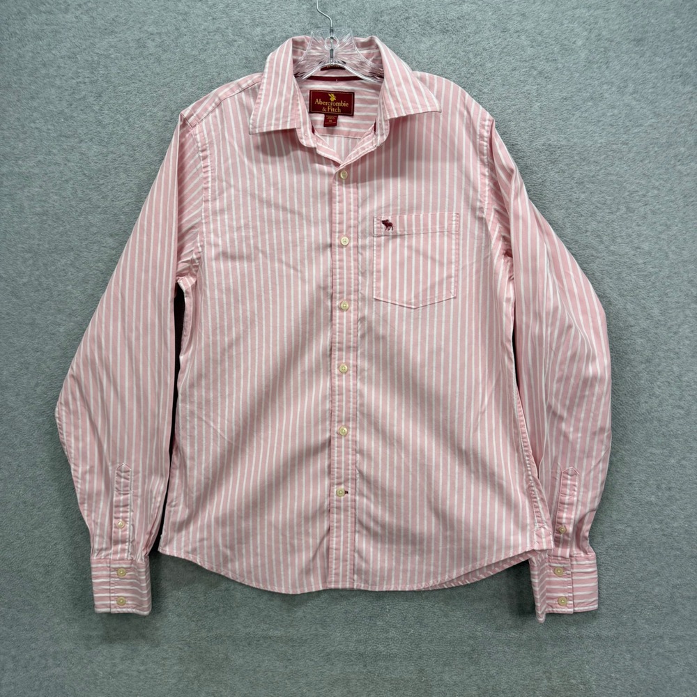 Abercrombie & Fitch Shirt‎ Mens XL Pink White Striped Muscle Fit Long Sleeve Y2K